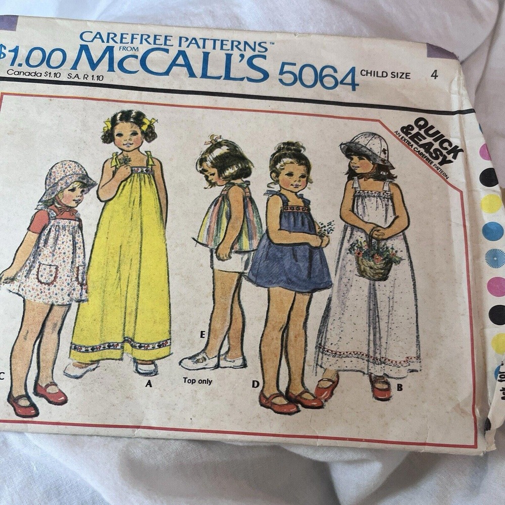 Vintage McCall's #5064 Pattern‎ For Children's Size 4 Dress, Jumper Or Top 1976